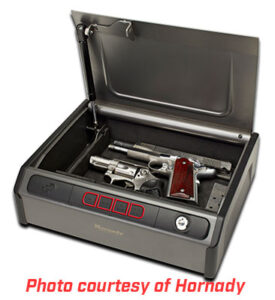 One of the lockboxes available from Hornady with pistols inside it