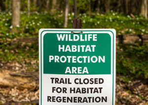 A sign in the woods reading "Wildlife Habitat Protection Area"