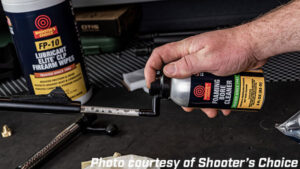 Foaming Bore Cleaner Stilllife from Shooter's Choice being applied to a firearm via spray can.
