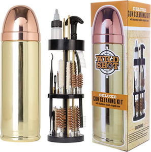 A gun cleaning kit that fits neatly into a large replica bullet.