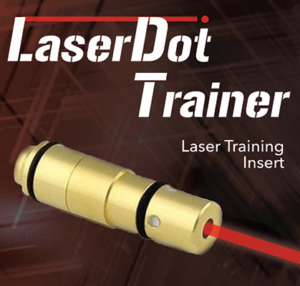 A cylindrical laser firearm insert issuing a laser beam of light.