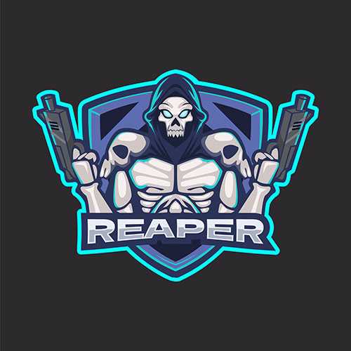 Stylized artwork showing a skeleton brandishing two pistols with the title of "Reaper" below the illustration.